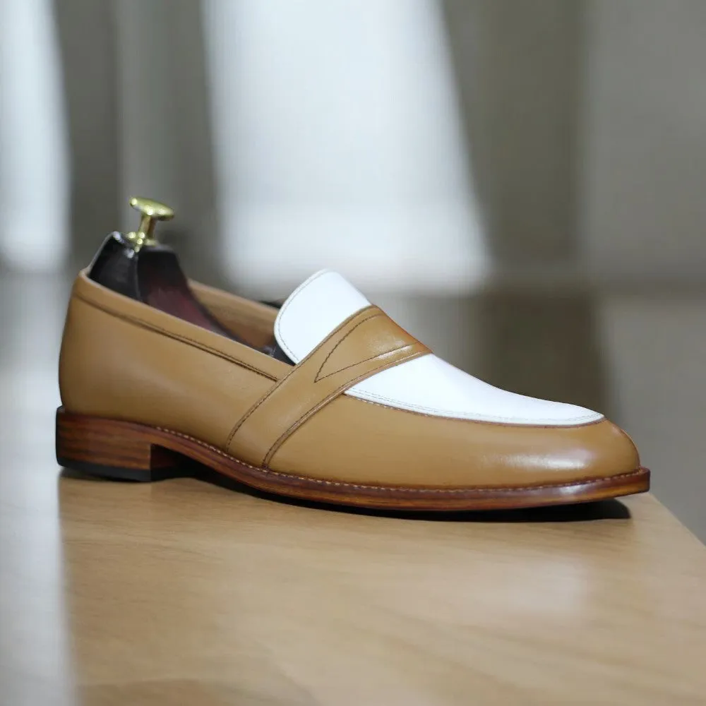 Men's Brown & White Penny Loafers | Handmade Round Toe Slip-On Moccasins
