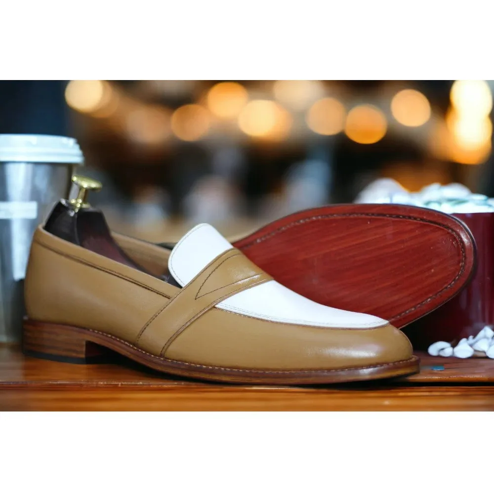 Men's Brown & White Penny Loafers | Handmade Round Toe Slip-On Moccasins
