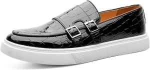 Men's Crocodile Print Double Monk Strap Slip-on Loafers Fashion Patent Leather Classic Oxford Dress Business Shoes Rointed Toe Comfort Sneakers