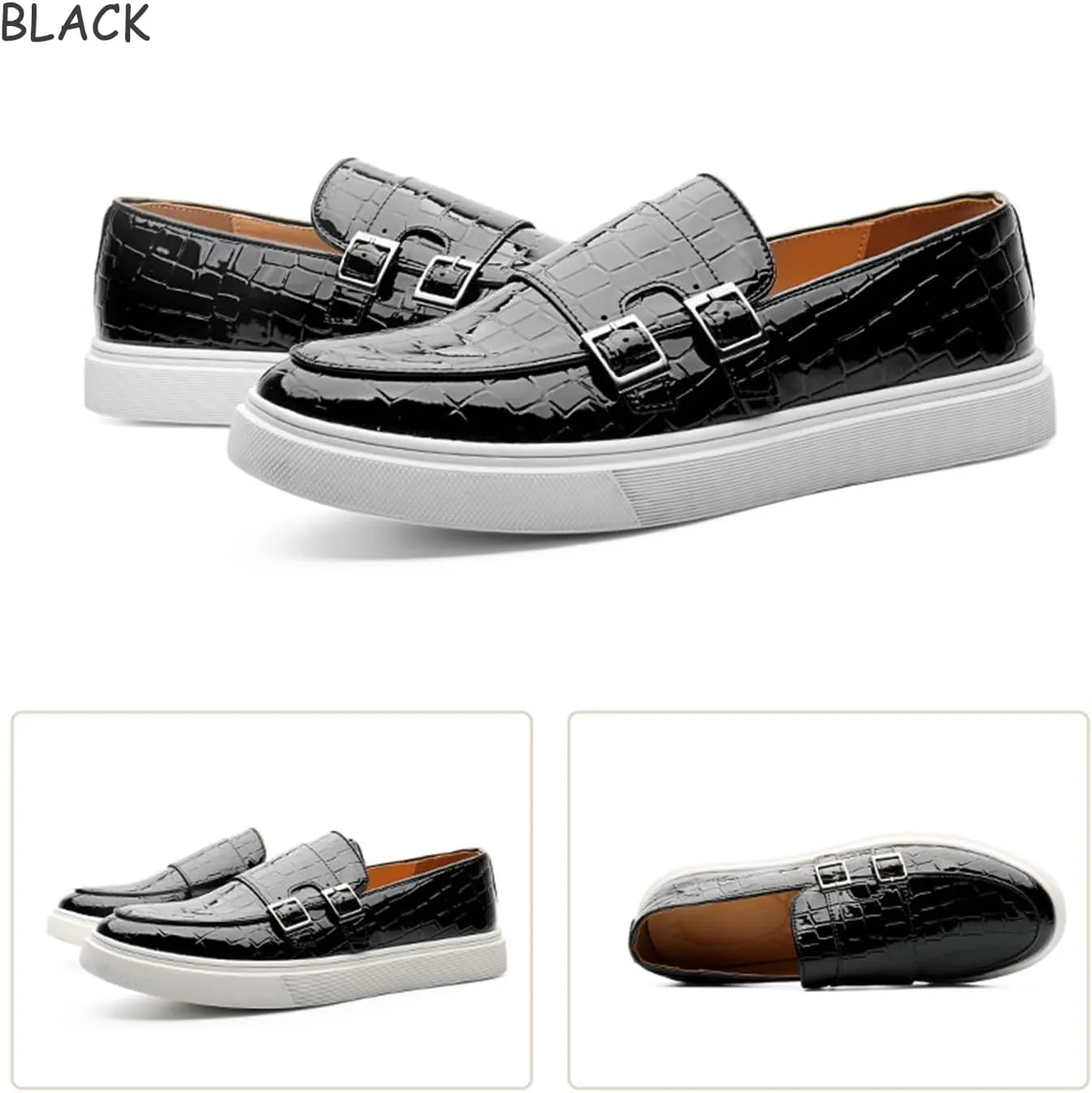 Men's Crocodile Print Double Monk Strap Slip-on Loafers Fashion Patent Leather Classic Oxford Dress Business Shoes Rointed Toe Comfort Sneakers