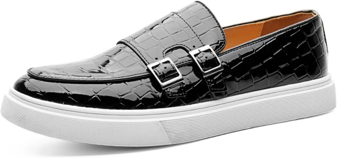 Men's Crocodile Print Double Monk Strap Slip-on Loafers Fashion Patent Leather Classic Oxford Dress Business Shoes Rointed Toe Comfort Sneakers