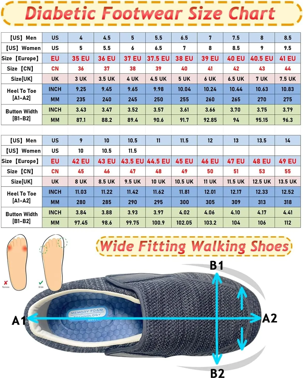 Men's Diabetic Shoes Wide Width Shoes with Adjust Closure Shoes for Elderly Diabetic Pain Relief Swollen Feet Mens Walking Shoes Slip-on Trainers