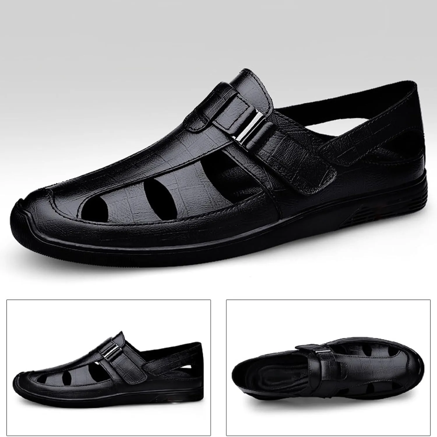 Men's Genuine Leather Hollow-Out Business Sandals,Adjustable Closed Toe Flat Fisherman Shoes,Summer Outdoor Casual Anti-Slip Beach Sandals