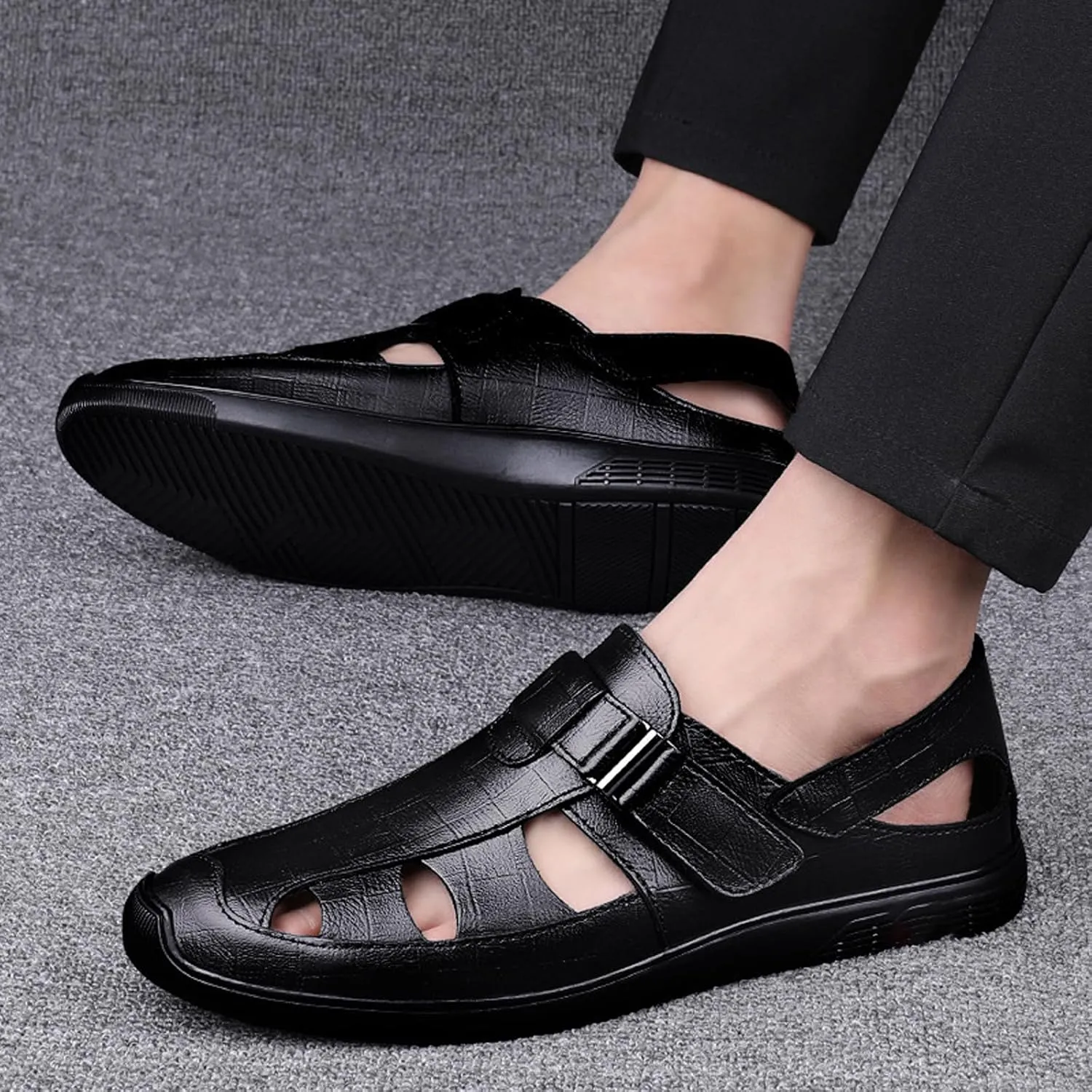 Men's Genuine Leather Hollow-Out Business Sandals,Adjustable Closed Toe Flat Fisherman Shoes,Summer Outdoor Casual Anti-Slip Beach Sandals