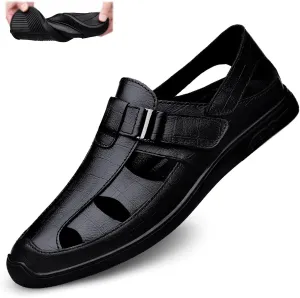Men's Genuine Leather Hollow-Out Business Sandals,Adjustable Closed Toe Flat Fisherman Shoes,Summer Outdoor Casual Anti-Slip Beach Sandals