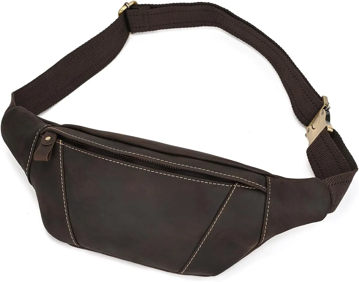 Men's Leather Fanny Pack Adjustable Waist Bag Hip Bum Belt Slim Purse Bag Cell Phone Pouch for Sport Travel Hiking, Dark Brown