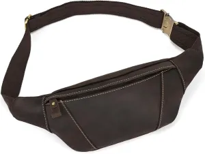 Men's Leather Fanny Pack Adjustable Waist Bag Hip Bum Belt Slim Purse Bag Cell Phone Pouch for Sport Travel Hiking, Dark Brown