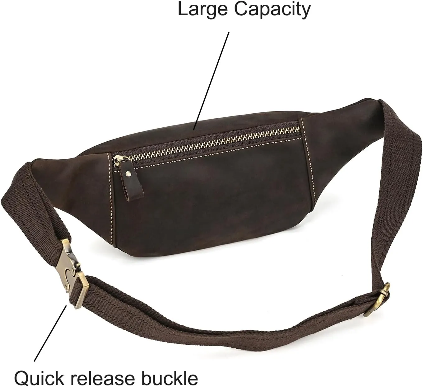 Men's Leather Fanny Pack Adjustable Waist Bag Hip Bum Belt Slim Purse Bag Cell Phone Pouch for Sport Travel Hiking, Dark Brown