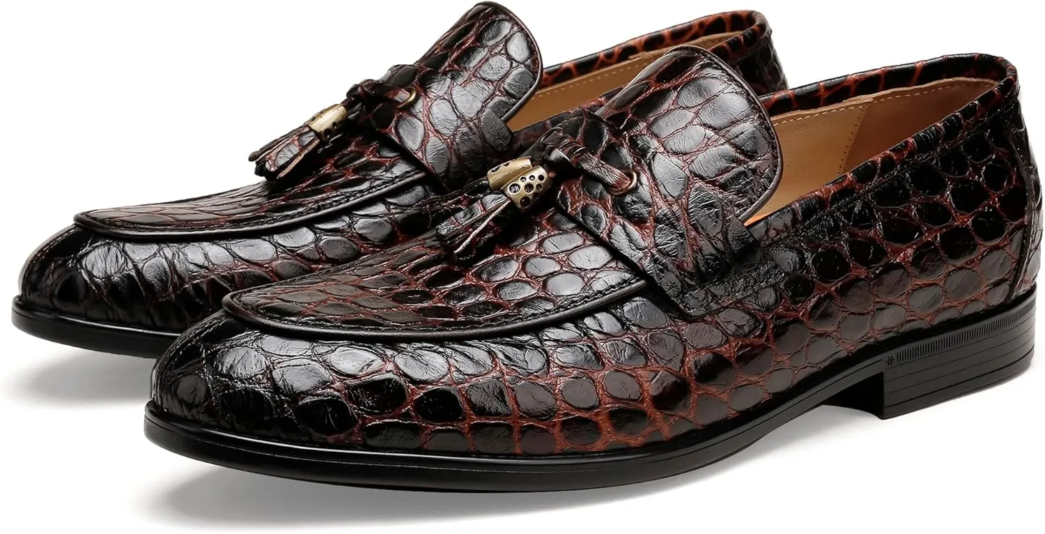 Mens Leather Tassel Loafer, Classic Luxury Smooth Upper Tassel Slip-on Penny Loafer for Mens, Black