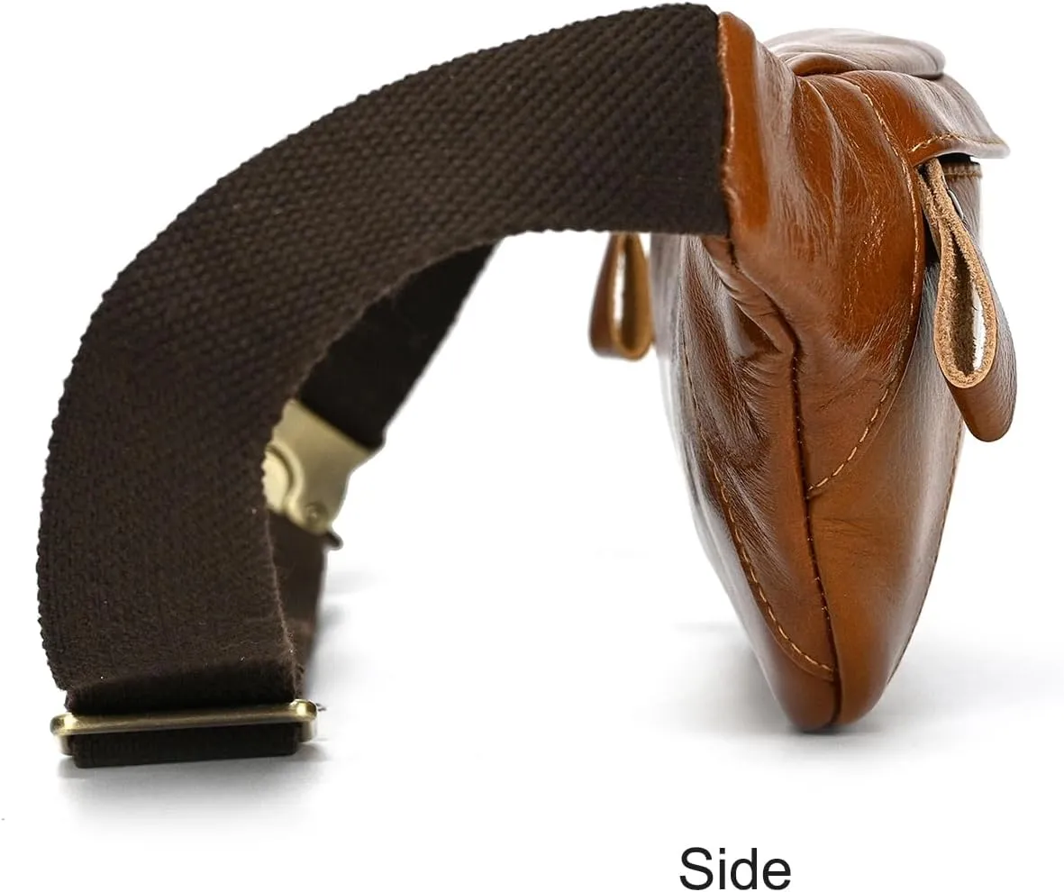 Men's Leather Waist Bag Multiple Pockets Slim Fanny Pack Adjustable Belt bag for Outdoor Running Hiking and Travel (Light Brown)