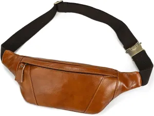 Men's Leather Waist Bag Multiple Pockets Slim Fanny Pack Adjustable Belt bag for Outdoor Running Hiking and Travel (Light Brown)