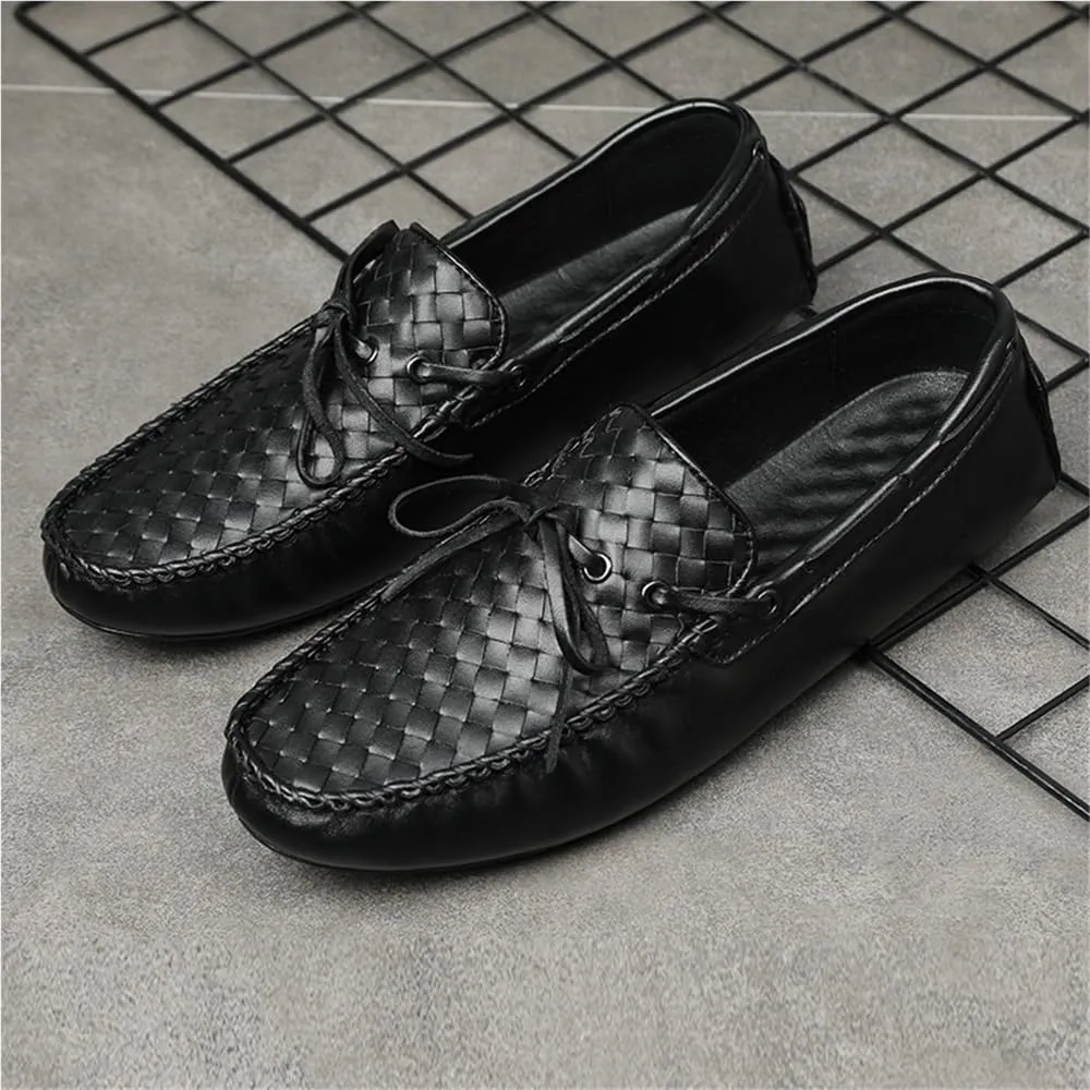 Men's Loafers Genuine Leather Woven Deck Shoes Round Toe Resistant Flexible Anti-Slip Party Wedding Slip-ons