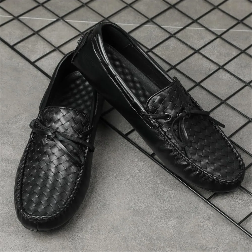 Men's Loafers Genuine Leather Woven Deck Shoes Round Toe Resistant Flexible Anti-Slip Party Wedding Slip-ons