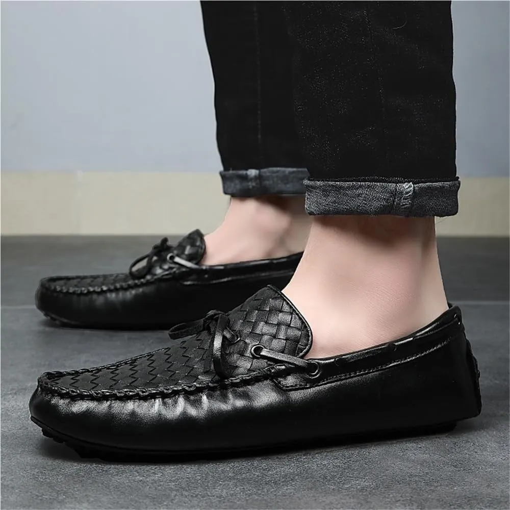 Men's Loafers Genuine Leather Woven Deck Shoes Round Toe Resistant Flexible Anti-Slip Party Wedding Slip-ons
