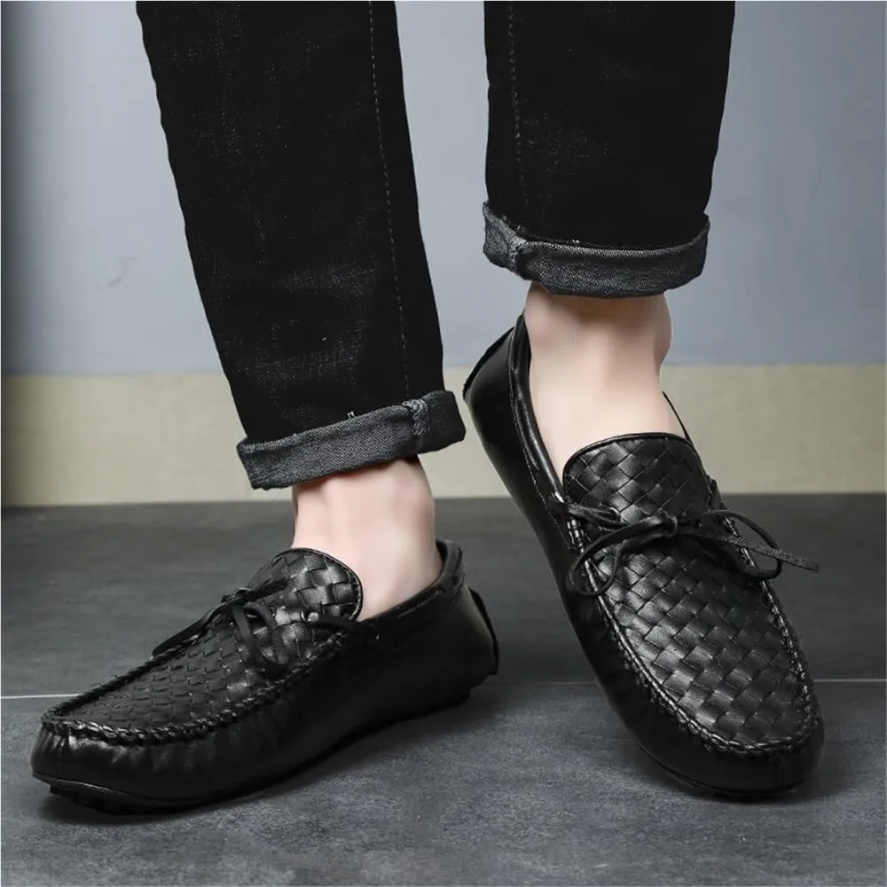 Men's Loafers Genuine Leather Woven Deck Shoes Round Toe Resistant Flexible Anti-Slip Party Wedding Slip-ons