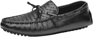 Men's Loafers Genuine Leather Woven Deck Shoes Round Toe Resistant Flexible Anti-Slip Party Wedding Slip-ons