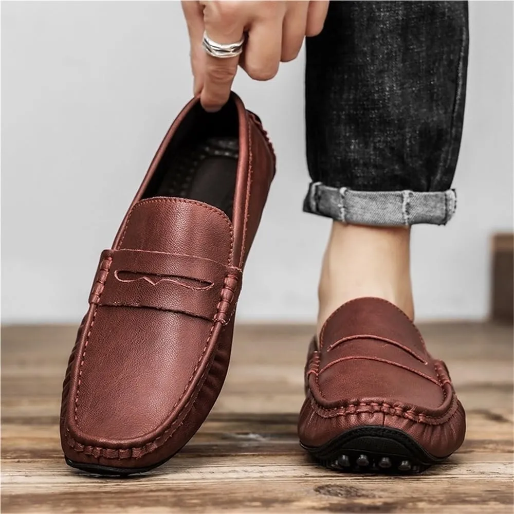 Mens Loafers Round Toe Vegan Leather Driving Shoes Comfortable Lightweight Flexible Walking Casual Slip On