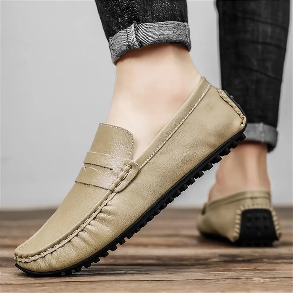 Mens Loafers Round Toe Vegan Leather Driving Shoes Comfortable Lightweight Flexible Walking Casual Slip On