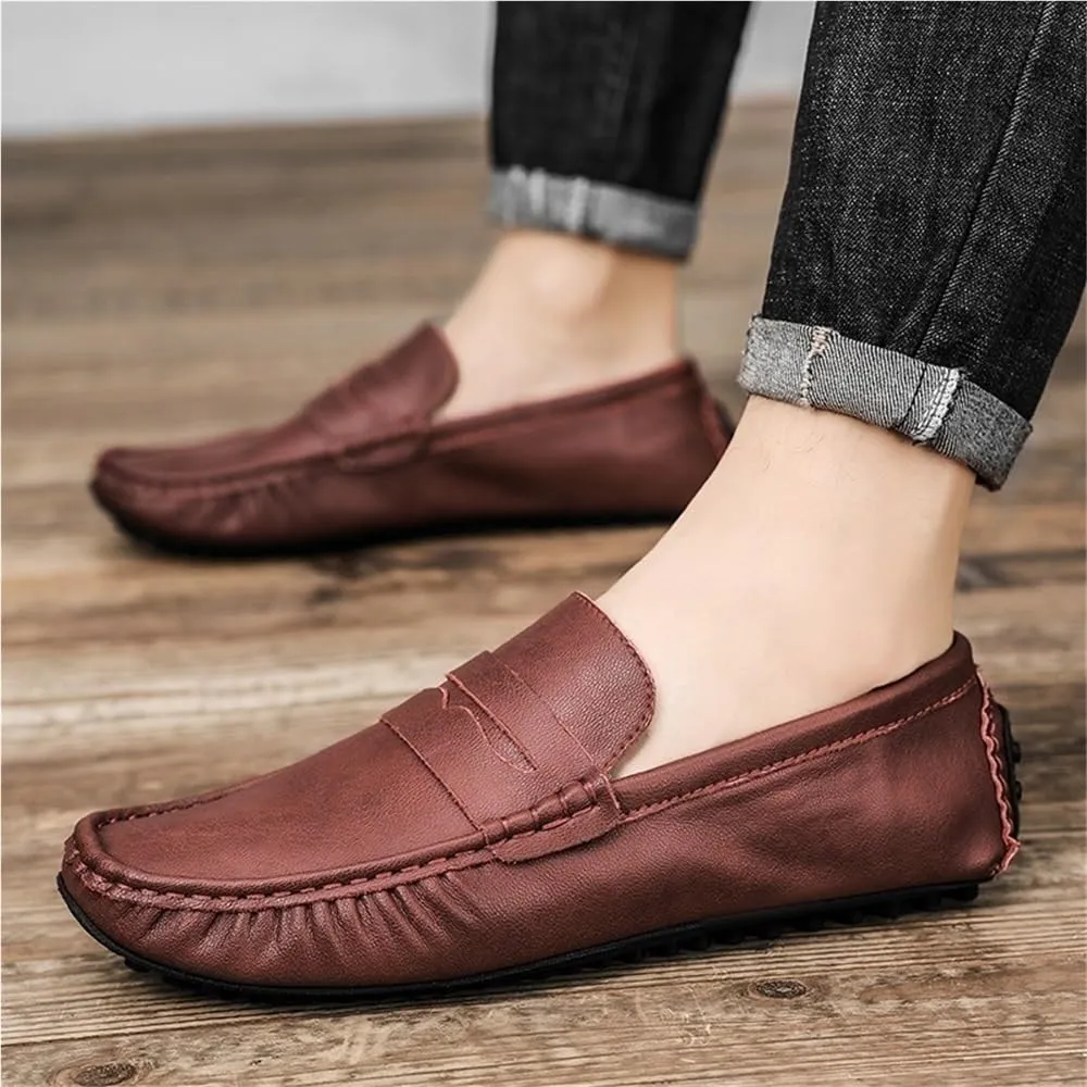 Mens Loafers Round Toe Vegan Leather Driving Shoes Comfortable Lightweight Flexible Walking Casual Slip On