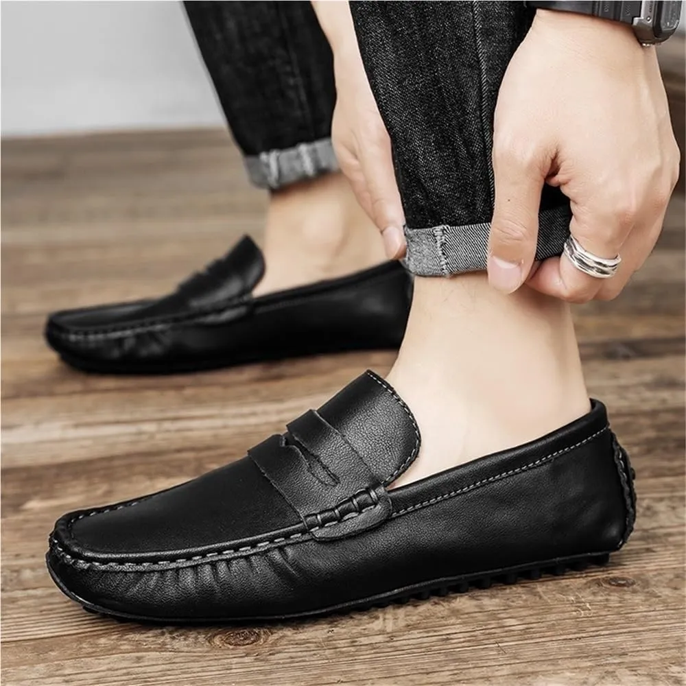 Mens Loafers Round Toe Vegan Leather Driving Shoes Comfortable Lightweight Flexible Walking Casual Slip On