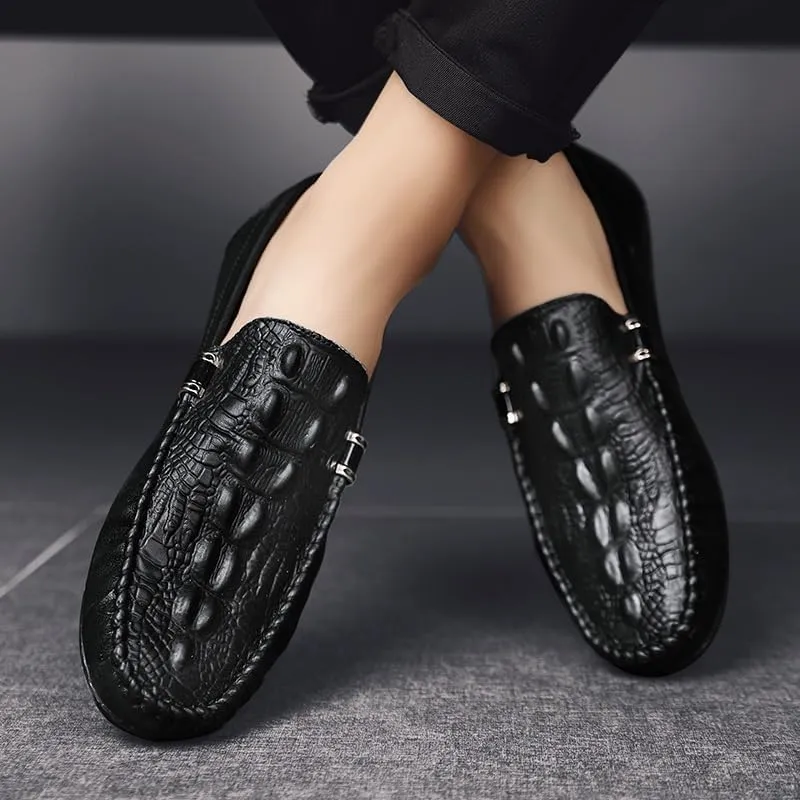 Mens Loafers Shoe Round Toe Solid Color Crocodile Print Loafer Shoes Flexible Lightweight Slip Resistant Casual Wedding Slip-on