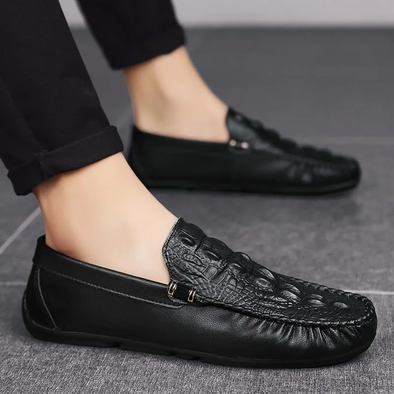 Mens Loafers Shoe Round Toe Solid Color Crocodile Print Loafer Shoes Flexible Lightweight Slip Resistant Casual Wedding Slip-on