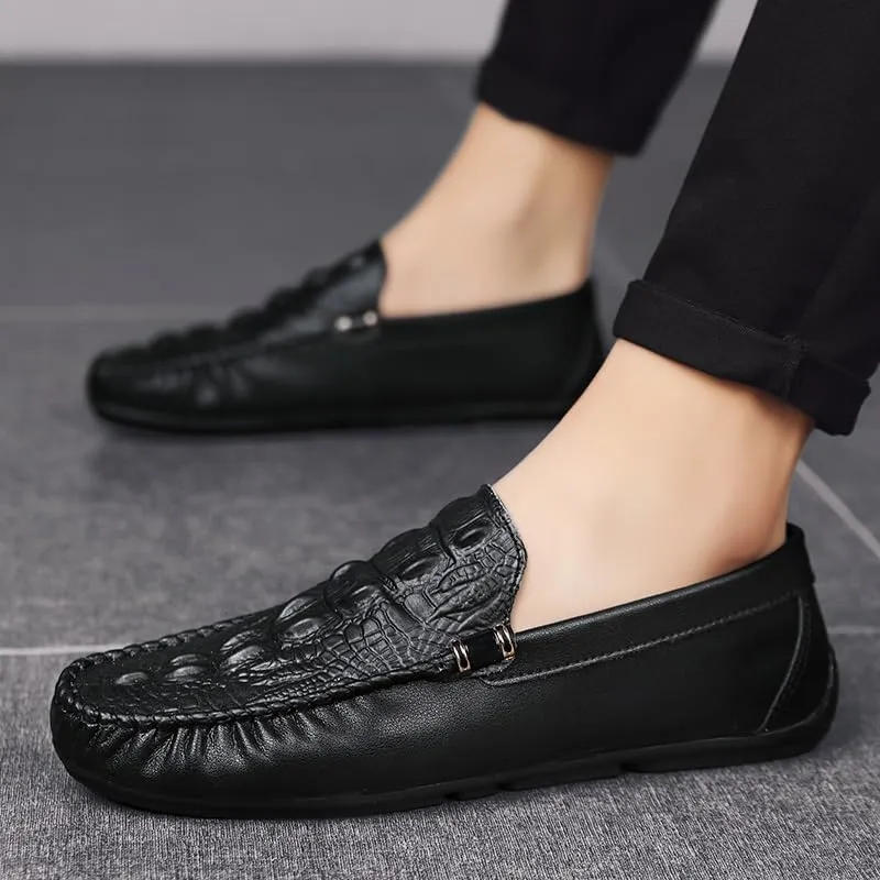 Mens Loafers Shoe Round Toe Solid Color Crocodile Print Loafer Shoes Flexible Lightweight Slip Resistant Casual Wedding Slip-on