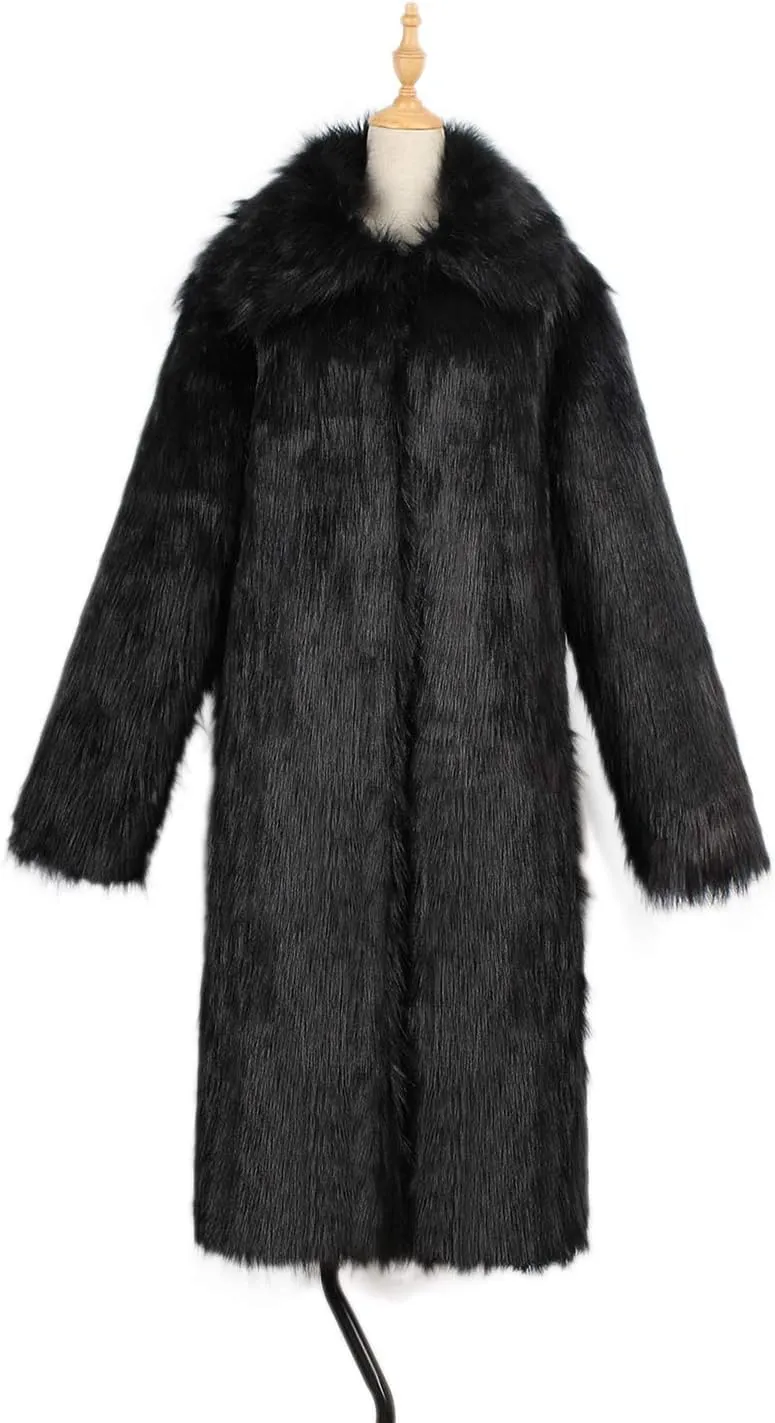 Men's Long Sleeve Fluffy Faux Fur Coat,Mens Winter Warm Faux Fur Overcoat,Long Thicken Soft Jacket Outerwear