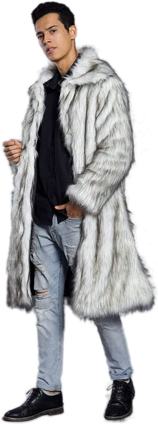 Men's Long Sleeve Fluffy Faux Fur Coat,Mens Winter Warm Faux Fur Overcoat,Long Thicken Soft Jacket Outerwear