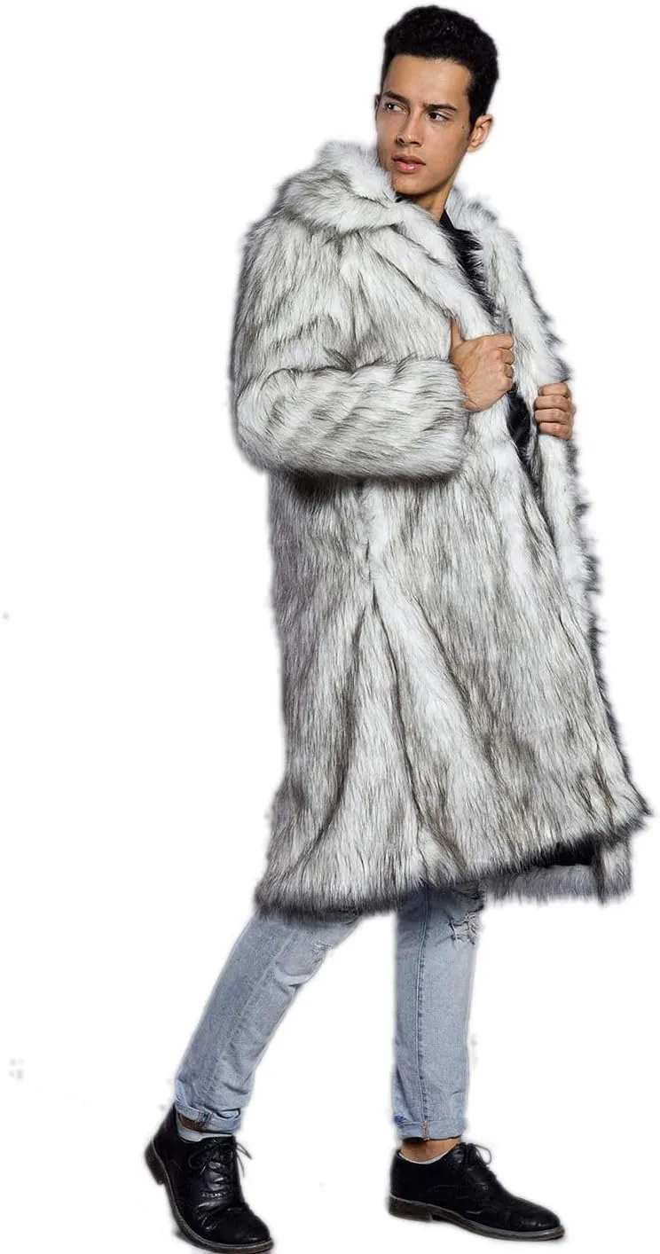 Men's Long Sleeve Fluffy Faux Fur Coat,Mens Winter Warm Faux Fur Overcoat,Long Thicken Soft Jacket Outerwear