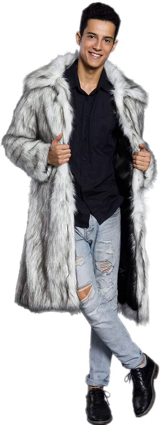 Men's Long Sleeve Fluffy Faux Fur Coat,Mens Winter Warm Faux Fur Overcoat,Long Thicken Soft Jacket Outerwear