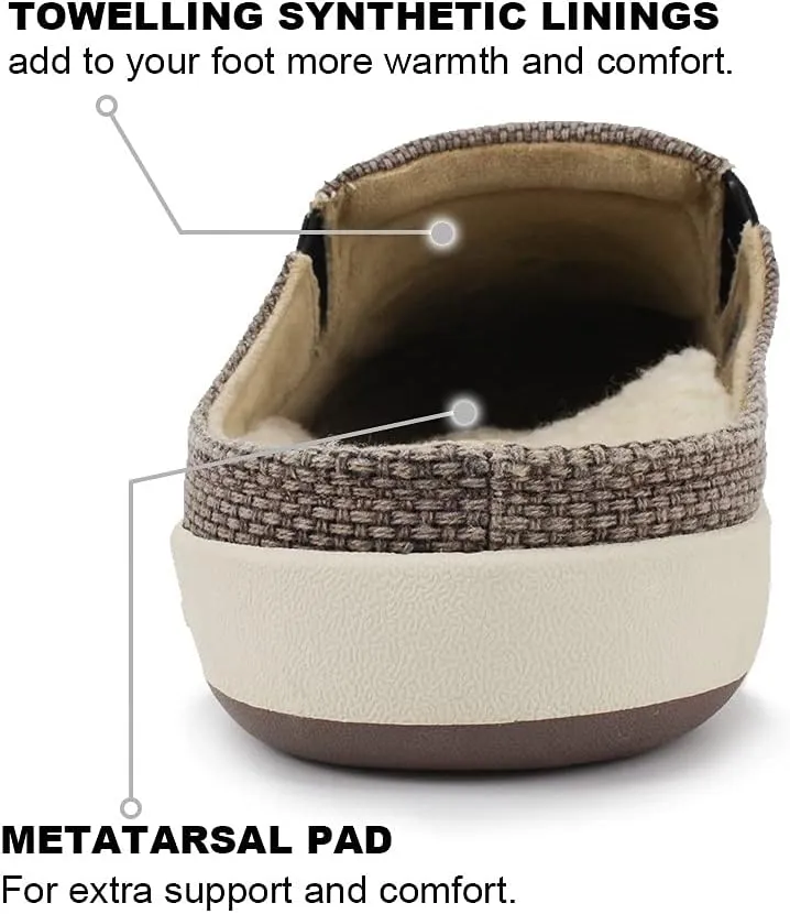 Mens Slippers with Arch Support, Canvas House Slipper for Men with Velvet Lining, Slip On Clog, Indoor Outdoor House Shoes with Anti-Skid Rubber Sole