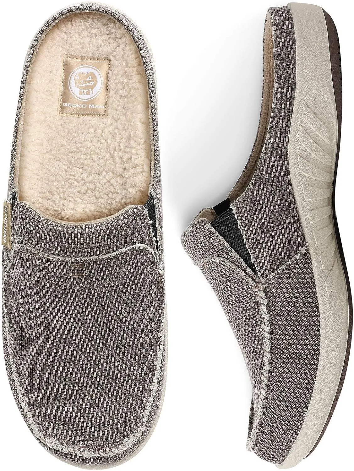 Mens Slippers with Arch Support, Canvas House Slipper for Men with Velvet Lining, Slip On Clog, Indoor Outdoor House Shoes with Anti-Skid Rubber Sole
