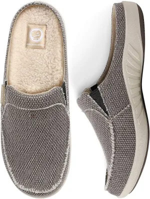 Mens Slippers with Arch Support, Canvas House Slipper for Men with Velvet Lining, Slip On Clog, Indoor Outdoor House Shoes with Anti-Skid Rubber Sole