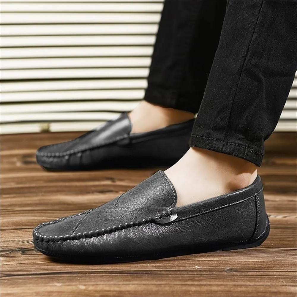 Mens Solid Color Vegan Leather Loafer Shoes Flat Heel Lightweight Flexible Outdoor Prom Slip-ons
