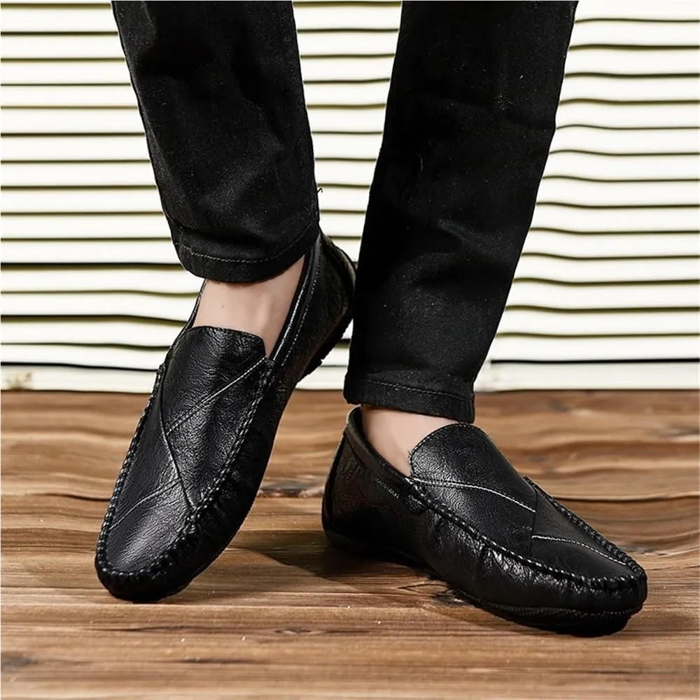 Mens Solid Color Vegan Leather Loafer Shoes Flat Heel Lightweight Flexible Outdoor Prom Slip-ons