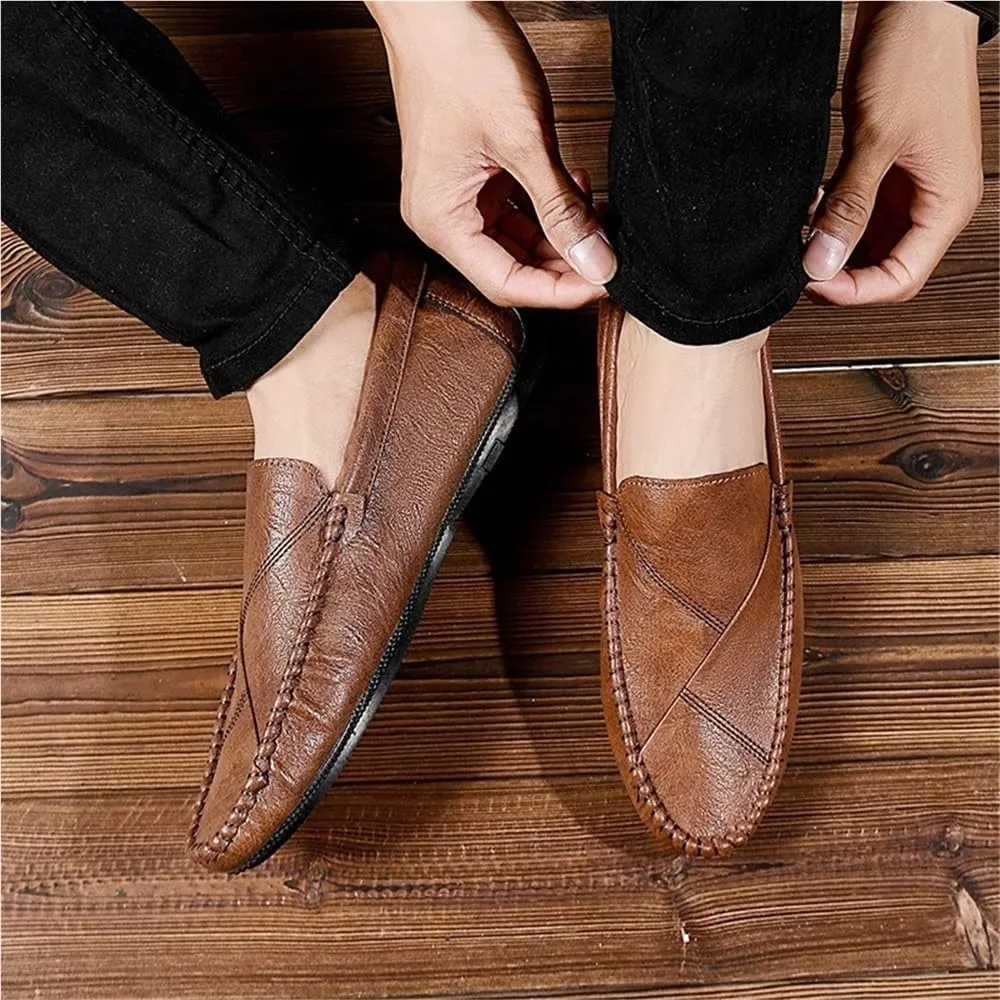 Mens Solid Color Vegan Leather Loafer Shoes Flat Heel Lightweight Flexible Outdoor Prom Slip-ons