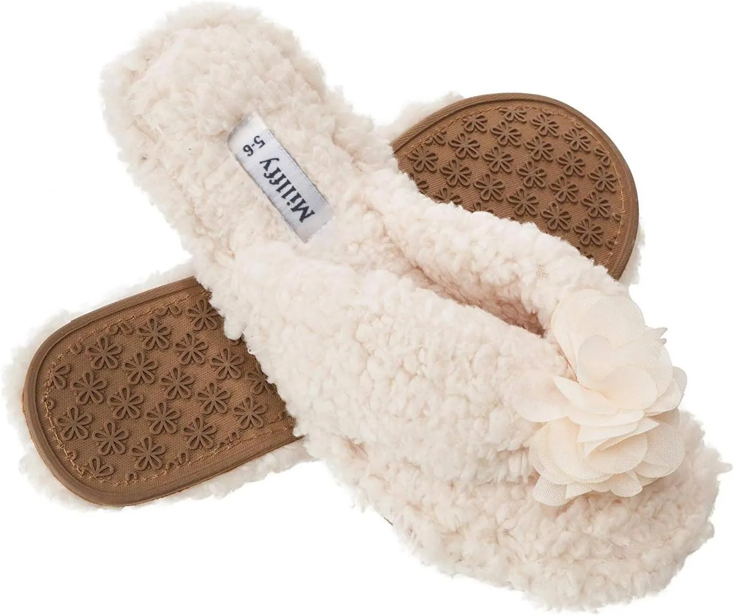 Millffy Plush Cozy Faux Shearling Thong Slide On Sherpa Womens Flip-Flops Slippers with Flowers