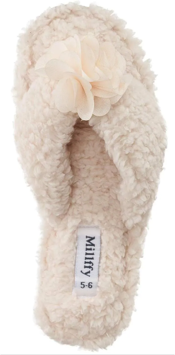 Millffy Plush Cozy Faux Shearling Thong Slide On Sherpa Womens Flip-Flops Slippers with Flowers