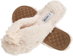 Millffy Plush Cozy Faux Shearling Thong Slide On Sherpa Womens Flip-Flops Slippers with Flowers