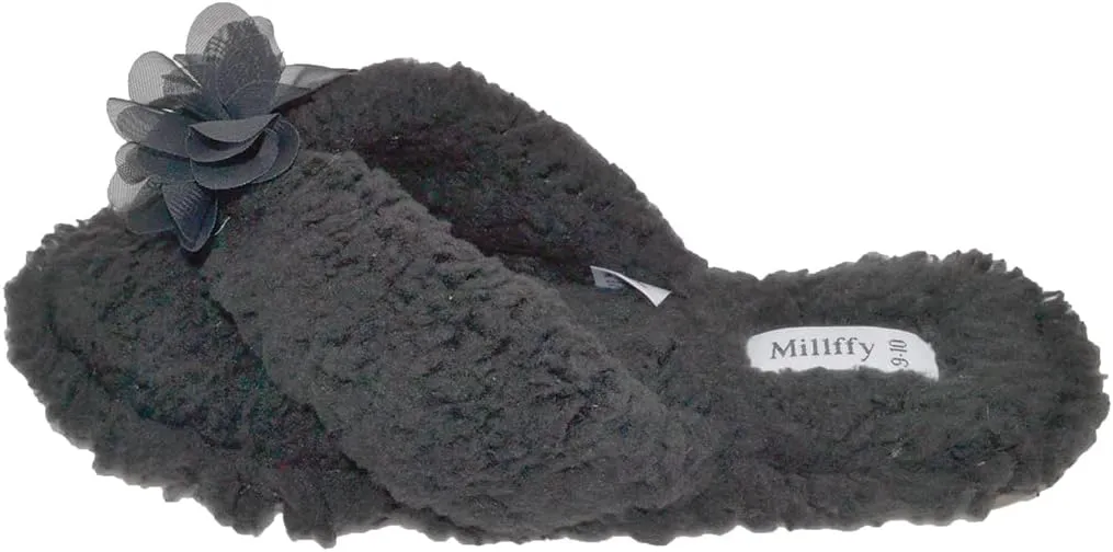 Millffy Plush Cozy Faux Shearling Thong Slide On Sherpa Womens Flip-Flops Slippers with Flowers