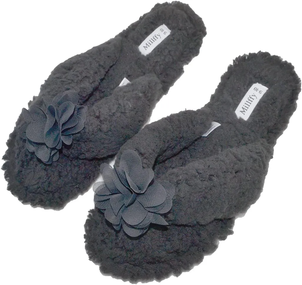 Millffy Plush Cozy Faux Shearling Thong Slide On Sherpa Womens Flip-Flops Slippers with Flowers