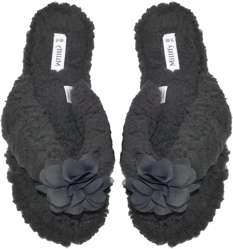 Millffy Plush Cozy Faux Shearling Thong Slide On Sherpa Womens Flip-Flops Slippers with Flowers