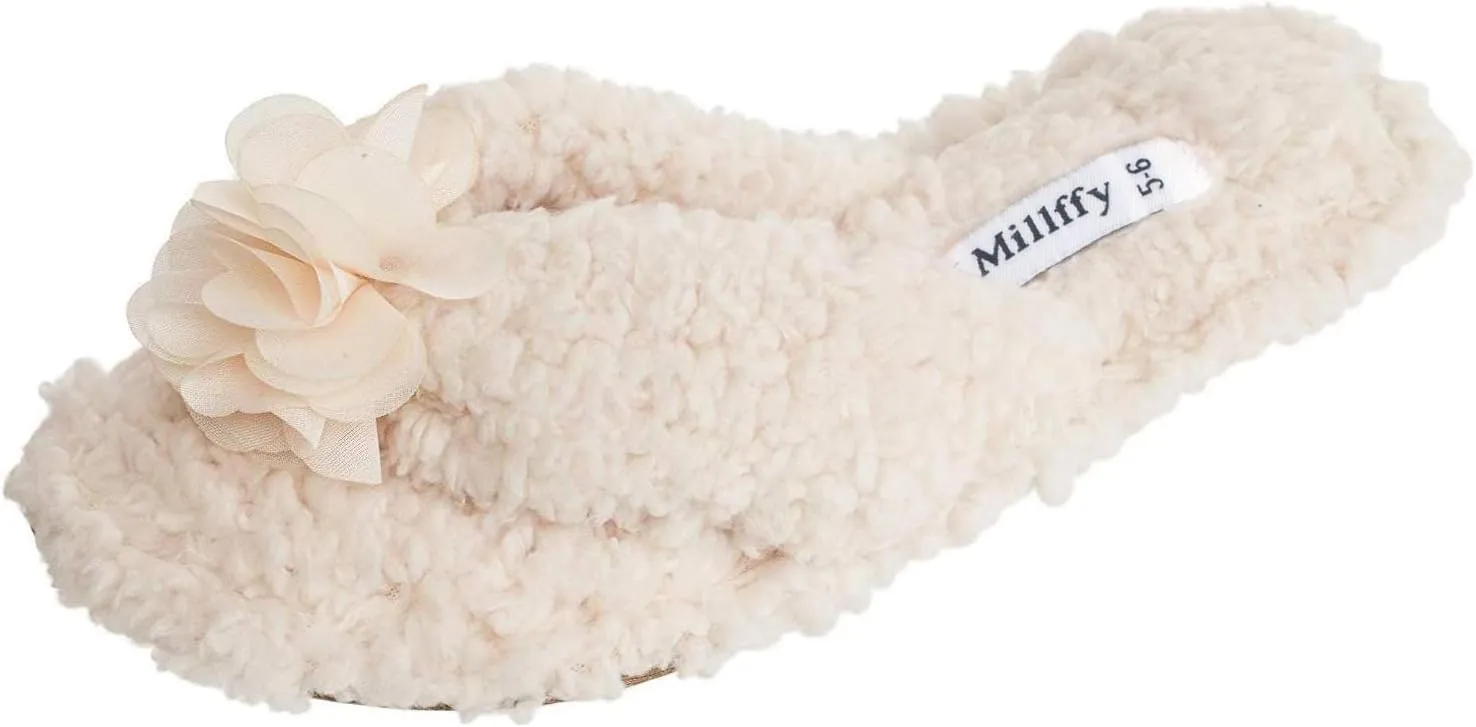 Millffy Plush Cozy Faux Shearling Thong Slide On Sherpa Womens Flip-Flops Slippers with Flowers