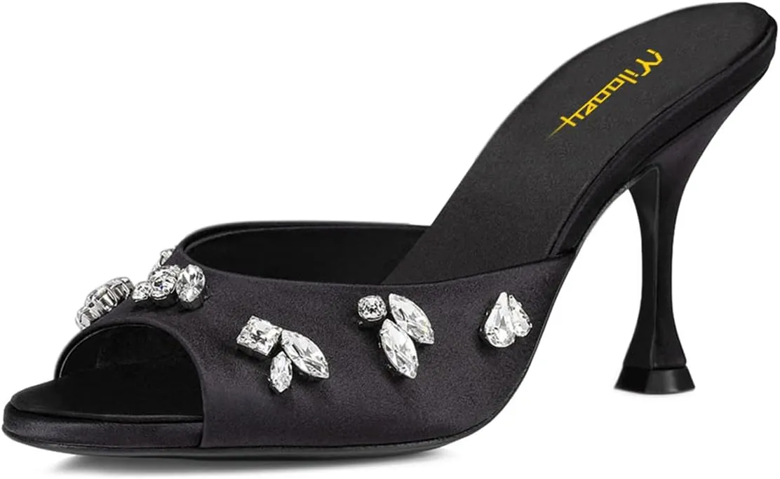 Milooey shoes Women's Peep Toe Stiletto Mules Glitter Rhinestone Studded Heeled Sandals High Heels Slides Backless Dressy Slipper Wedding Party Shoes Size 4-16 US