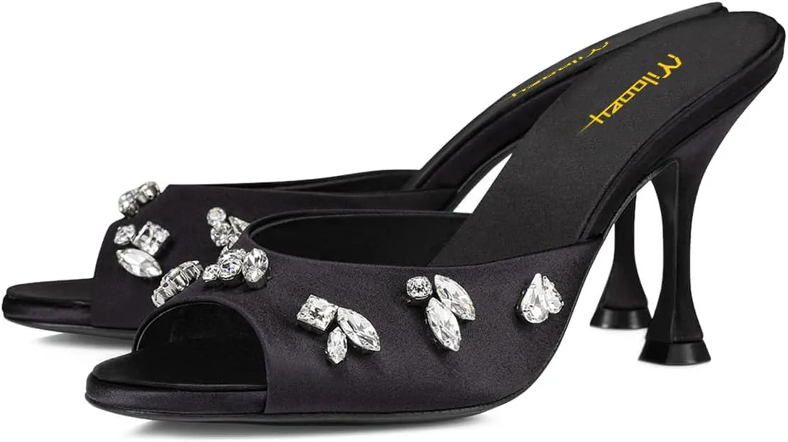 Milooey shoes Women's Peep Toe Stiletto Mules Glitter Rhinestone Studded Heeled Sandals High Heels Slides Backless Dressy Slipper Wedding Party Shoes Size 4-16 US