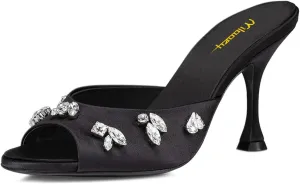 Milooey shoes Women's Peep Toe Stiletto Mules Glitter Rhinestone Studded Heeled Sandals High Heels Slides Backless Dressy Slipper Wedding Party Shoes Size 4-16 US