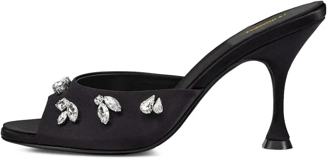 Milooey shoes Women's Peep Toe Stiletto Mules Glitter Rhinestone Studded Heeled Sandals High Heels Slides Backless Dressy Slipper Wedding Party Shoes Size 4-16 US