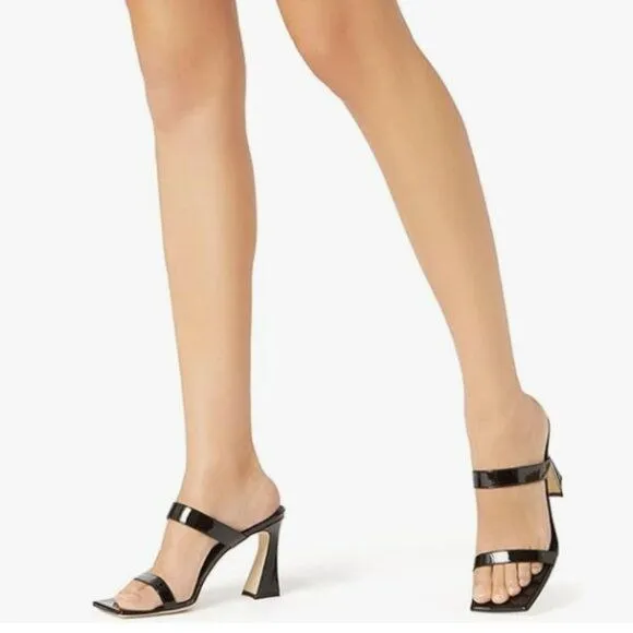 Miss Left Black Open Toe Dual Strappy Mule Slip On Chunky High Heel Sandals