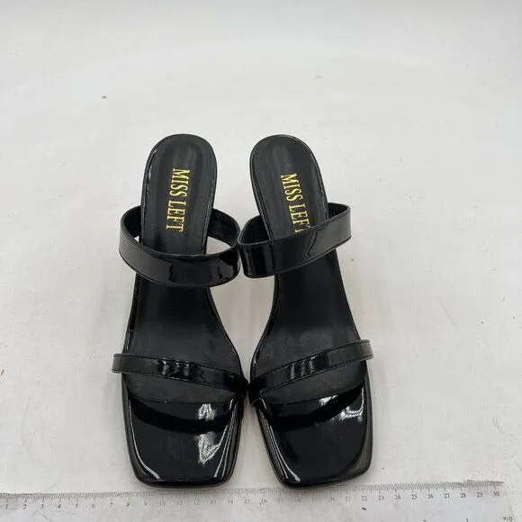 Miss Left Black Open Toe Dual Strappy Mule Slip On Chunky High Heel Sandals